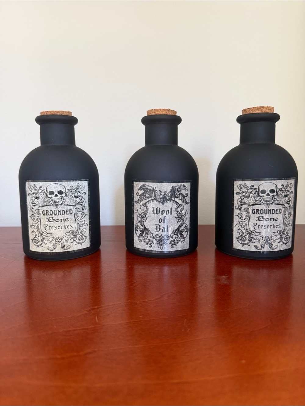 Matte Black Apothecary Bottle Set with Cork Stoppers - Halloween Decor